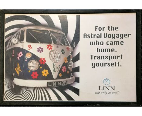 Framed Original Linn poster showing Volkswagen camper van ~ 'For the Astral Voyager who came home transport yourself : Linn t