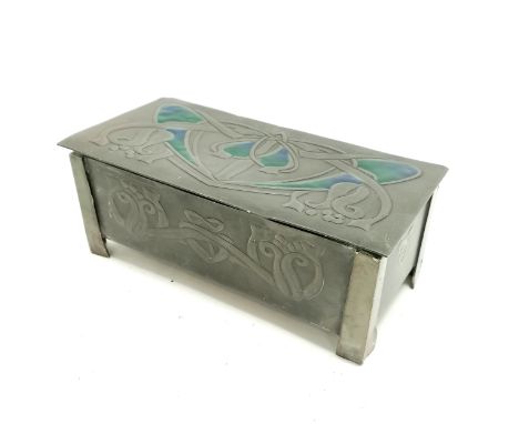 Antique Arts &amp; Crafts / Art Nouveau pewter table casket with a lift off lid with enamel detail to top - 19cm x 9.5cm x 7c