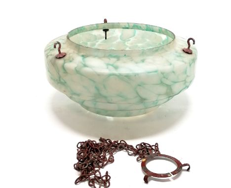 Art Deco mottled green glass plafonnier / hanging light shade on 3 chains - shade 30cm diameter x 14cm ~ 66cm maximum drop - 