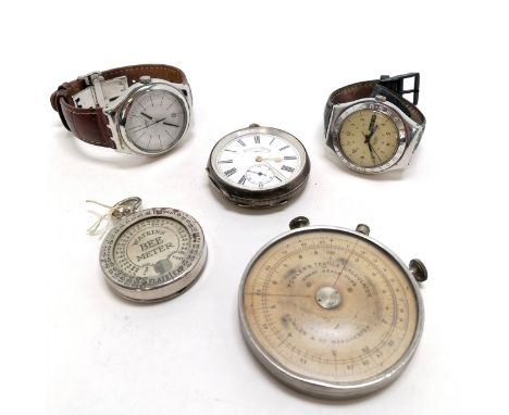 Fowler's textile calculator (6.5cm diameter), Watkins bee meter t/w silver cased gents pocket watch (5cm diameter) &amp; 2 qu