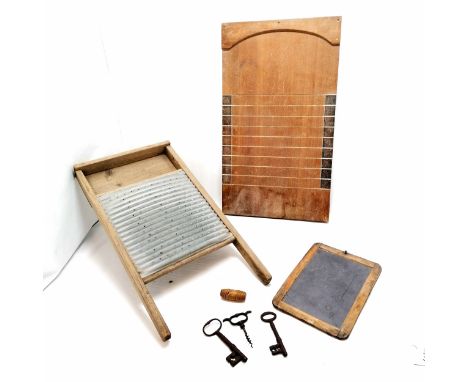 Shove ha'penny board (60cm x 36cm), washboard, 2 antique keys, antique wood framed slate, corkscrew &amp; a sewing barrel 