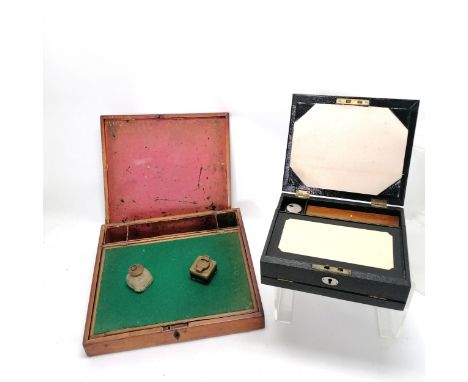 Black covered fold out writing box with contents inc nibs, sealing wax, original pencils etc t/w antique amboyna veneered wri