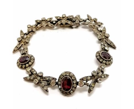 Unmarked vintage silver bracelet set with amethysts &amp; paste - total weight 19g 