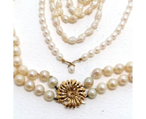 9ct gold clasp double strand pearl necklace - 40cm long (lacks pearl to clasp &amp; pearls approx 6.5mm diameter) t/w 2 x 9ct