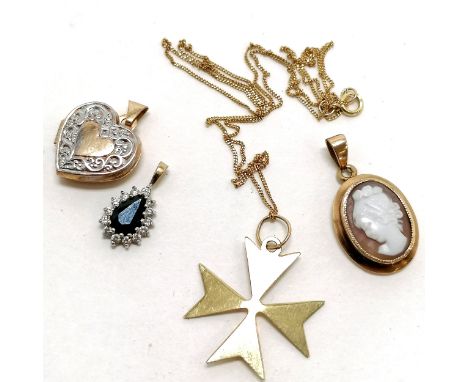 4 x 9ct gold pendants - maltese cross, sapphire &amp; white stone, hand carved portrait cameo &amp; heart shaped locket t/w 9