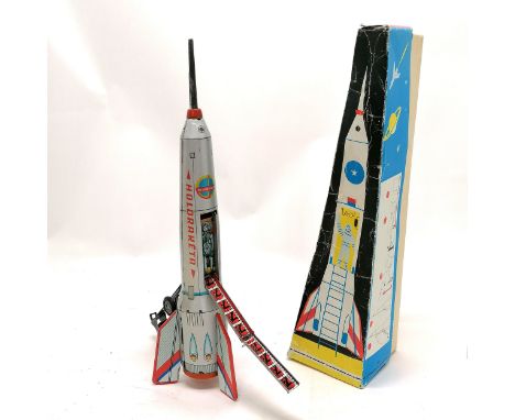 Vintage Holdraketa tin plate rocket with original box in good condition. 40cm high 