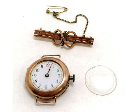 Antique 9ct marked gold bar brooch (with metal pin) 2.7g with dents to front t/w 9ct gold cased manual wind watch (a/f) ~ tot