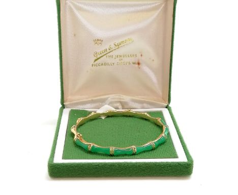 18ct marked gold &amp; jade and green stone bangle in a bamboo style - 16.8g total weight 