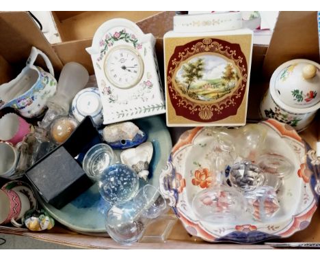 Staffordshire sheep inkwell, Portmeirion quartz clock, Royal Cauldon pottery tea cannister t/w glass paperweight, sand filled