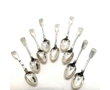 9 x Ireland (Dublin) 1838 silver rat-tail 18cm table spoons by R W Smith ~ 426g - In good used condition