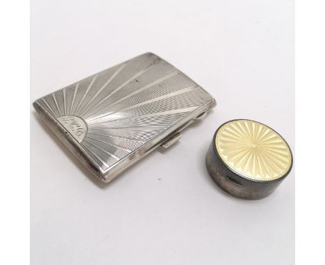 Silver yellow guilloche enamel lidded powder compact (with mirror inside) by Aaron Lufkin Dennison Watch Co t/w Art Deco sunb
