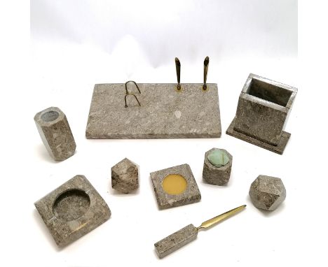 Vintage desk set made from fosillised stone / limestone (9 pieces) - base 31cm x 16cm ~ has 2 chips polished off 