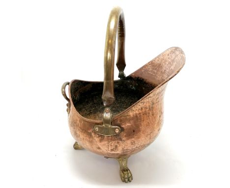 Vintage copper &amp; brass coal scuttle on 3 hairy paw feet - height 48cm to top of handle 