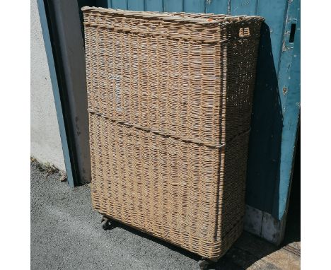 Vintage industrial wicker basket on wheels 86cm wide x 36cm deep x 124cm high 