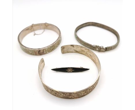 Silver cuff bangle, Thailand silver bangle, silver bracelet (a/f) + Antique silver black enamel / pearl brooch (a/f) - total 