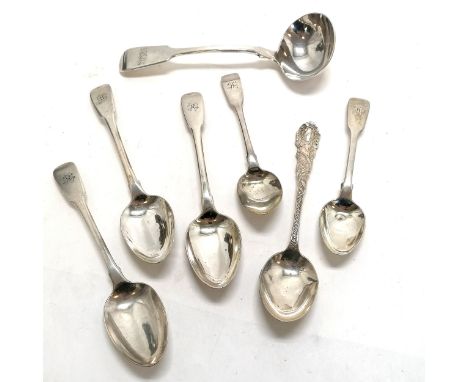 Qty of silver spoons inc Georgian, Irish etc - ladle length 17cm &amp; total 237g ~ 2 spoons have slightly distorted bowls