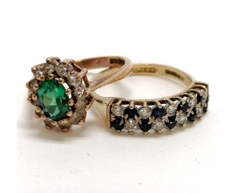 2 x 9ct hallmarked gold stone set rings - green &amp; white cluster size K, blue / white stone size O ~ 4.8g total weight 