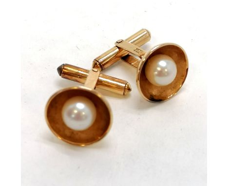 Pair of gents 14ct marked gold cufflinks set with pearl in original retail box (Hing Loon, Kowloon, Hong Kong) - total weight