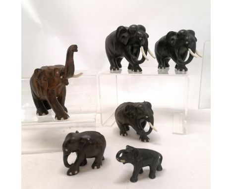 5 carved ebony elephants and the smallest is ceramic. 2 have lost tusks otherwise in good condition. 