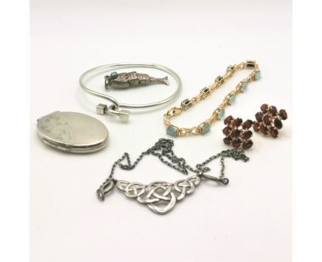 Silver jewellery - large oval locket (4.3cm long), bangle (slight mis-shapen), silver gilt opal bracelet, Kit Heath pendant n