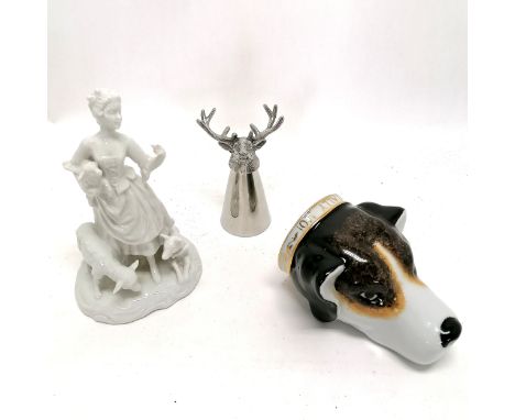 2 stirrup cups - porcelain Tally Ho dogs head &amp; stainless steel stags head t/w continental figurine of a girl with sheep 