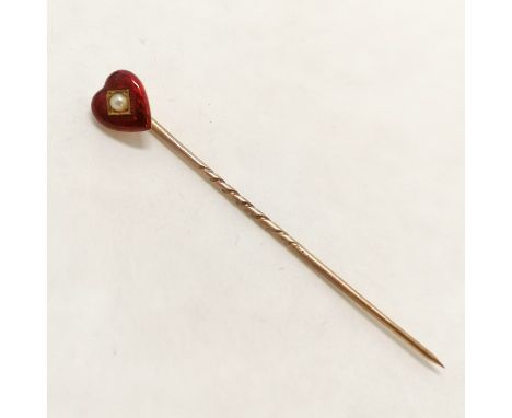 Antique unmarked gold stick pin with enamel heart terminus set with a pearl in original retail box (Alexander Bros., Liverpoo