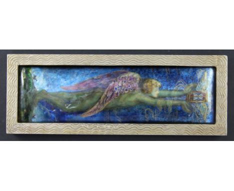 Ernestine Mills. An Arts & Crafts rectangular enamel plaque, decorated with a winged male figure holding an hour glass, the b