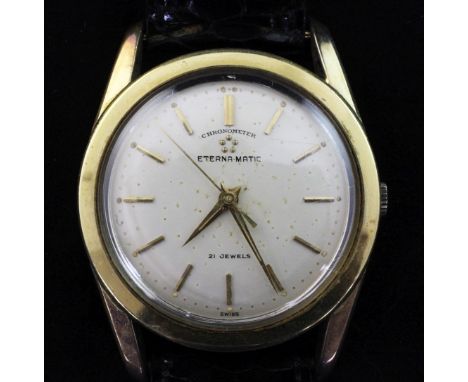 A gentleman's gold plated and stainless steel Eterna Matic chronometer wrist watch, with baton numerals, box and warranty, on