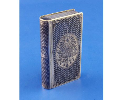 A Turkish WWII period silver and niello book form snuff box, engraved with sunburst, military trophies, Iron Crescent and oth