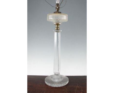 A tall Edwardian cut and frosted glass oil lamp base, with tapering octagonal column and sliced cut foot and font, later conv