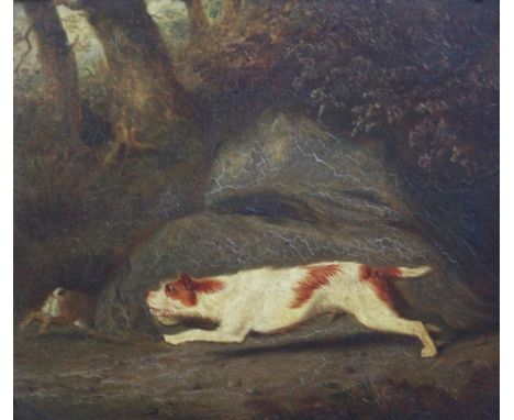 Attirbuted to James Wardoil on wooden panel,Terrier chasing a rabbit,10 x 11.5in.