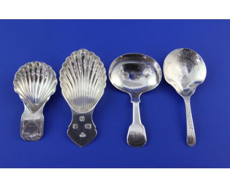 Two George III bright cut engraved silver caddy spoons, one with engraved initial, George Smith & William Fearn, London, 1792