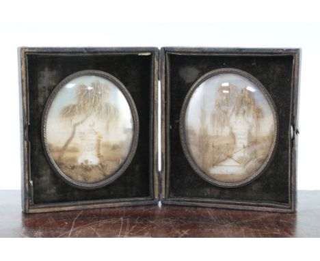 A pair of 19th century French oval memorial hair work pictures, both depicting graves beneath a willow tree, one marked for D