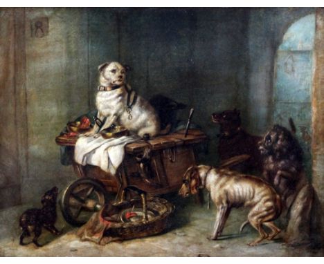 Attributed to George Armfieldoil on wooden panel,Dogs in a scullery,13 x 16.5in.