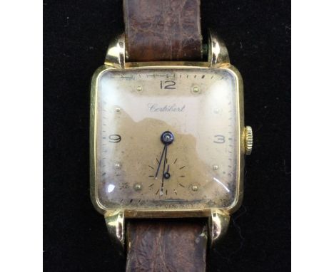 A gentleman's stylish 1930/40's 18ct gold Cortebert manual wind wrist watch, with dot markers and quarterly Arabic numerals, 