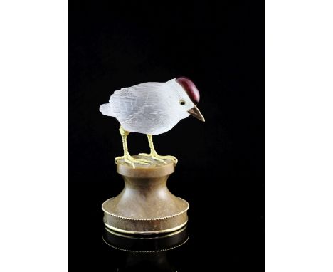 A cased 1980's Boucheron 18ct gold and enamel rock crystal model of a bird, on marble base, with wooden carrying case, 3.5in.