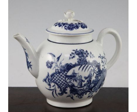 A Worcester Mother and Child pattern globular teapot and cover, c.1765, printed in blue with Chinese figures in an oval reser