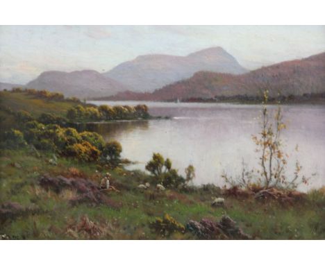 Alfred de Breanski Snr. (1852-1928)oil on wooden panel,Shepherd and flock beside a lake,monogrammed,8 x 12in.