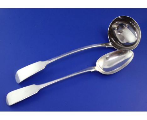 A William IV silver fiddle pattern basting spoon and a later fiddle pattern soup ladle, London, 1831 and London, 1859, indist