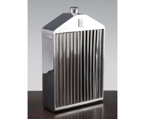 A Ruddspeed chrome plated spirit flask, in the form of a Rolls Royce car, marks to verso, 7.5in.