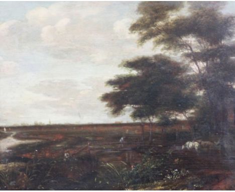 After Jacob Van Ruisdael (1628-1682)oil on wooden panel,Cattle drover in a landscape,10.75 x 13.5in.