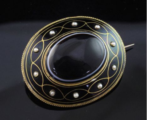 A Victorian gold, enamel, seed pearl and banded agate oval pendant/brooch, with glazed panel en verso, 2in.