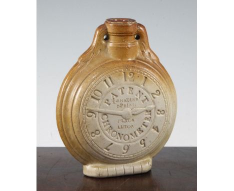 A rare English saltglaze stoneware 'Patent Chronometer' flask, c.1835-40, stamped T.Brazier, Spring Place, Luton to each side