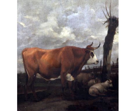 Attributed to Paulus Potter (1625-1654)oil on wooden panel,Bull and sheep in a landscape,13 x 12in.