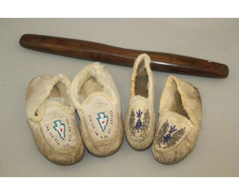 A Native American sharpening tool, together with two pairs of beadwork moccasins
