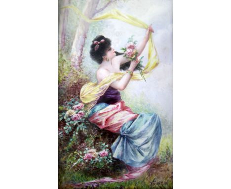 F. Mangin. A French enamel on copper plaque of a lady, late 19th century, the lady wearing a silk gown holding flowers in her