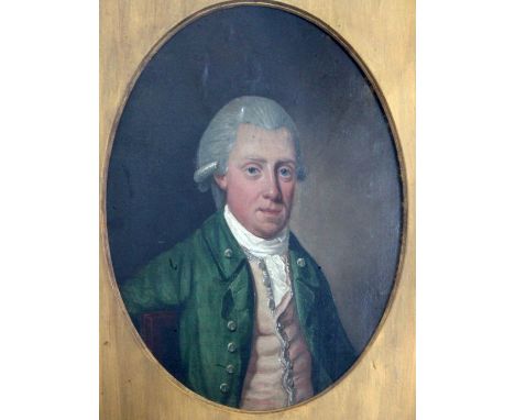 English School c.1780oil on canvas laid on board,Portrait of a gentleman wearing a green coat,oval, 12.5 x 9.5in.