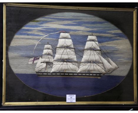 A 19th century woolwork panel, depicting a three mast clipper at sail, in an ebonised frame, overall 26.5 x 20.5in.