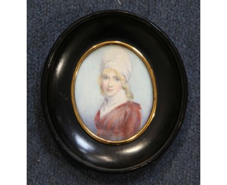 Follower of Richard Coswayoil on ivory,Miniature portrait of a young lady wearing a turban (reputedly a Mrs Moffat),label ver