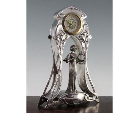 A WMF style mantel timepiece, of portico form decorated with irises and a maiden playing a harp, 11.5in.